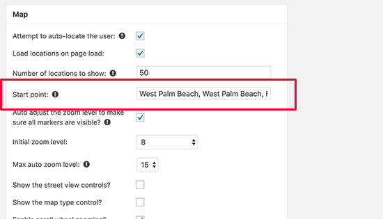 Add a start point for your store locator map