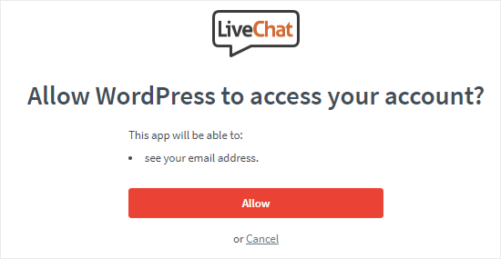 Allow WordPress to Access LiveChat account Allow WordPress to Access LiveChat account