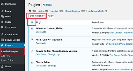 Deactivate all plugins via WordPress admin area Deactivate all plugins via WordPress admin area