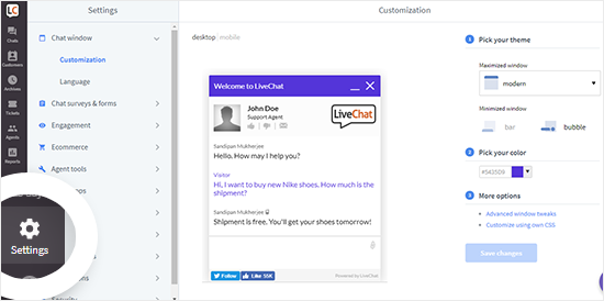 LiveChat account settings page LiveChat account settings page