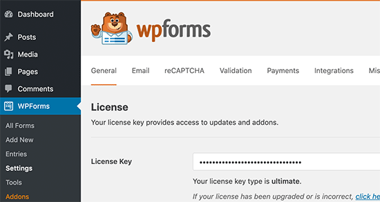 Add WPForms license key