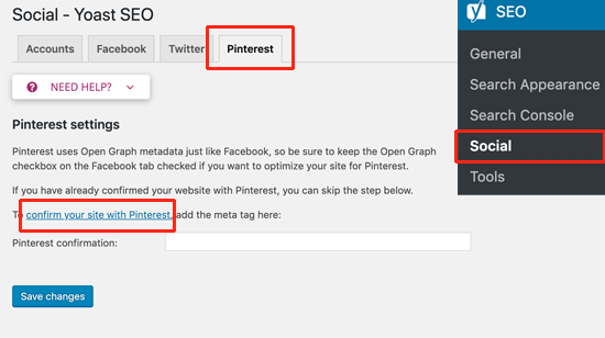 Add Pinterest verification code to your site
