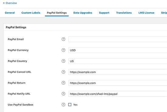 PayPal settings