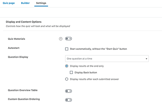 Quiz display settings