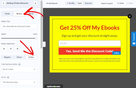 View or change the button action for your coupon popup