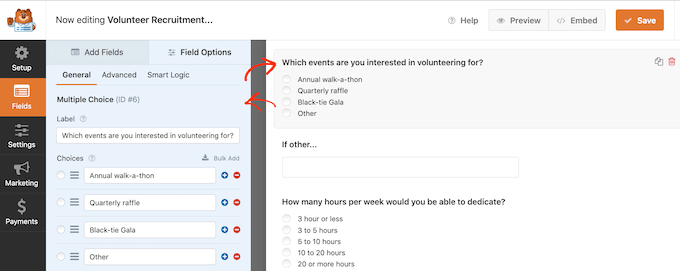 Editing a volunteer recruitment form field