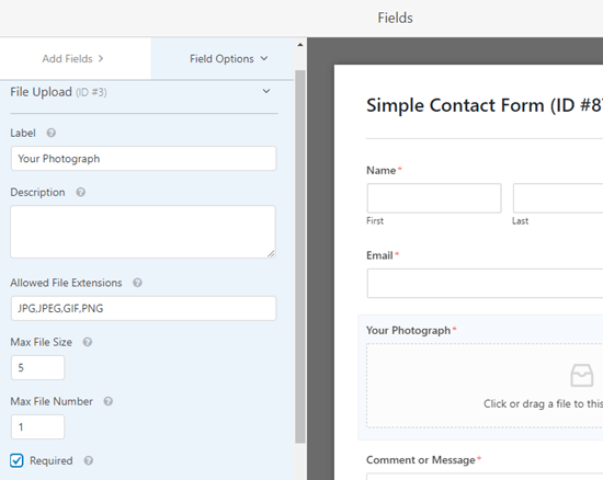Editing the file upload field Editing the file upload field. Label now reads 'Your Photograph'.
