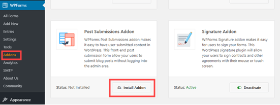 Installing the WPForms post submissions addon