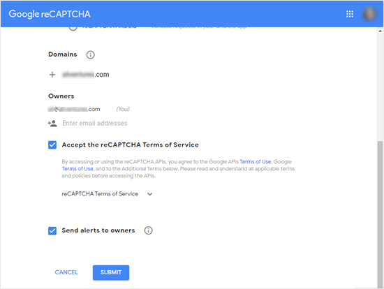 Filling in your site's details for Google reCAPTCHA