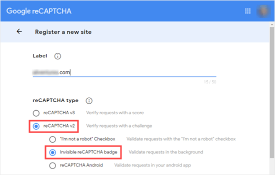Selecting the invisible reCAPTCHA option in the Google admin panel