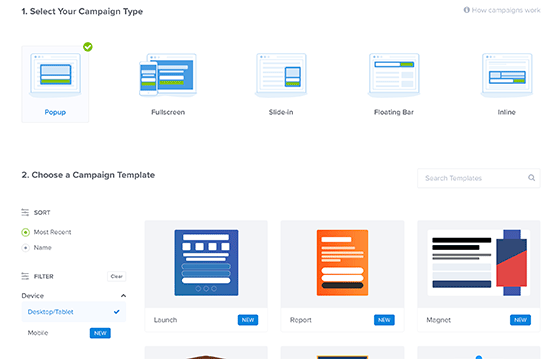 Choose campaign type and template