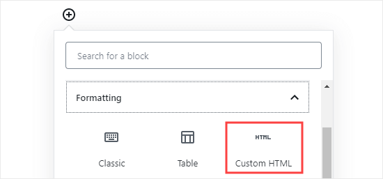 Adding a custom HTML block to your post or page
