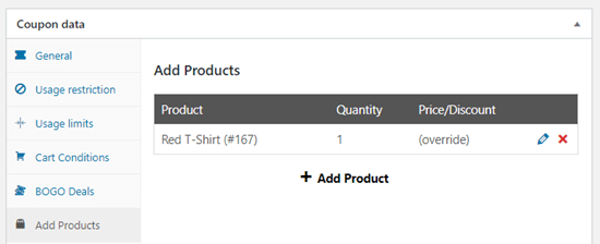 The free product shown in the table of products