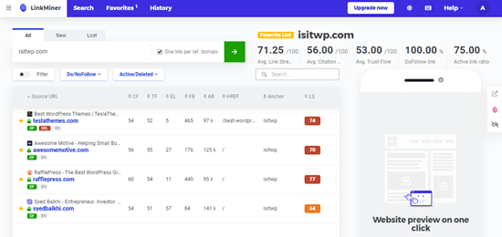 The favorites list in LinkMiner