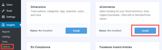 Installing the eCommerce addon for MonsterInsights