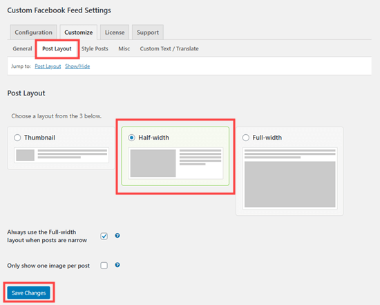 Setting your posts to be half width in the Facebook feed from your group