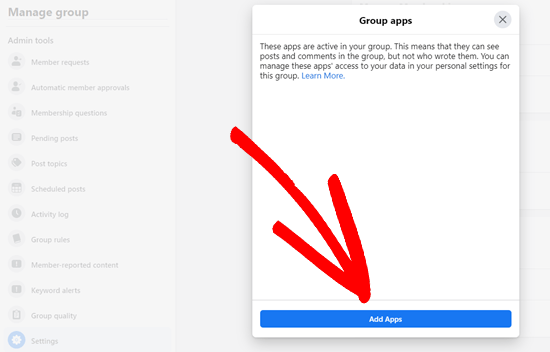 Click the Add Apps button to add a new app to your Facebook group