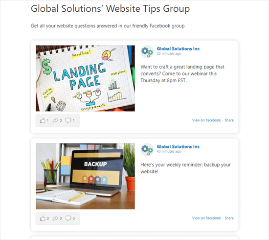 The finished Facebook group feed showing on our demo website