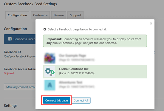 Select the Facebook page that you want to connect to your website Select the Facebook page that you want to connect to your website