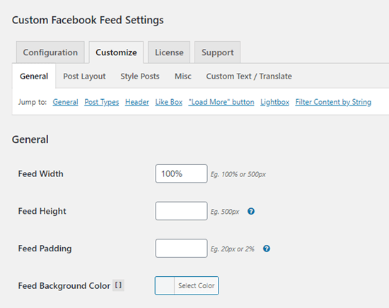 The Customize options for the Custom Facebook Feed plugin The Customize options for the Custom Facebook Feed plugin