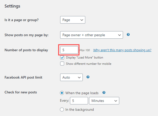Changing the number of posts shown in the Facebook timeline on the website Changing the number of posts shown in the Facebook timeline on the website