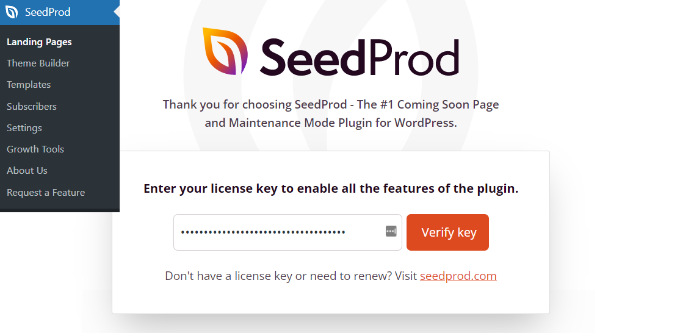 Enter SeedProd license key