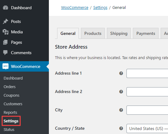 The WooCommerce settings page in your WordPress dashboard