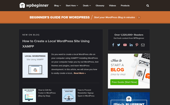 The WordPress website viewed using the Chrome 'Night Eye' extension