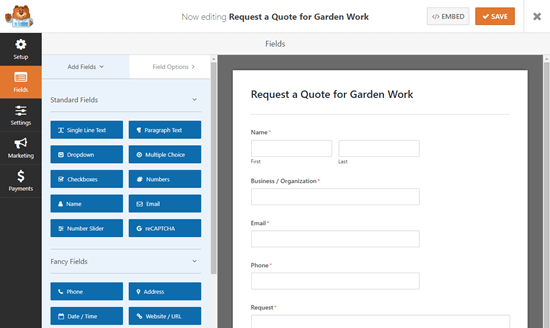 The default Request a Quote form in the WPForms form builder