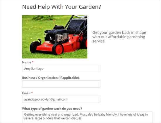 Sending a test form entry through your WPForms garden work form