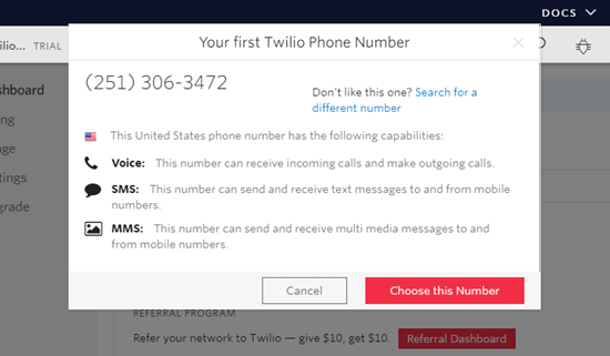 Choose a phone number to use with Twilio