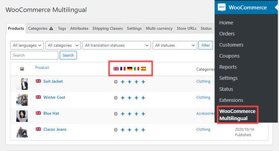 Viewing your table of products on the WooCommerce Multilingual page Viewing your table of products on the WooCommerce Multilingual page