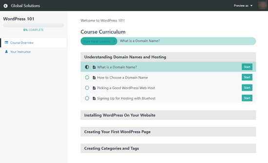 The MemberPress course curriculum that users see, showing their progression through the course