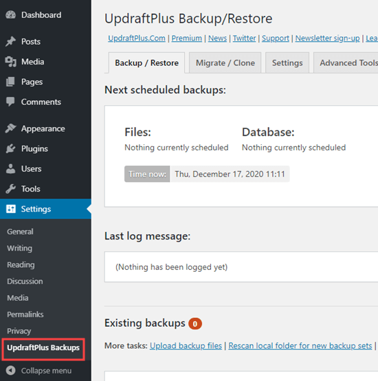 The UpdraftPlus page in your WordPress admin