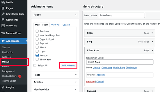 Adding the client area link to your navigation menu