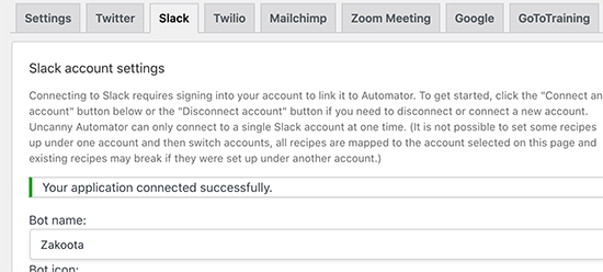Successfully connected Slack to WordPress via Uncanny Automator