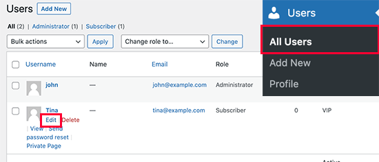 Edit user account