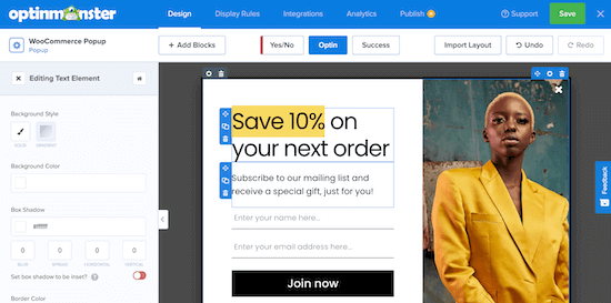 OptinMonster campaign editor screen