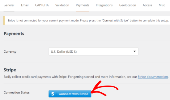 Click the Connect with Stripe Button