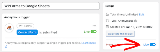Make recipe live
