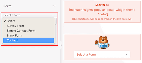 Select contact form drop down