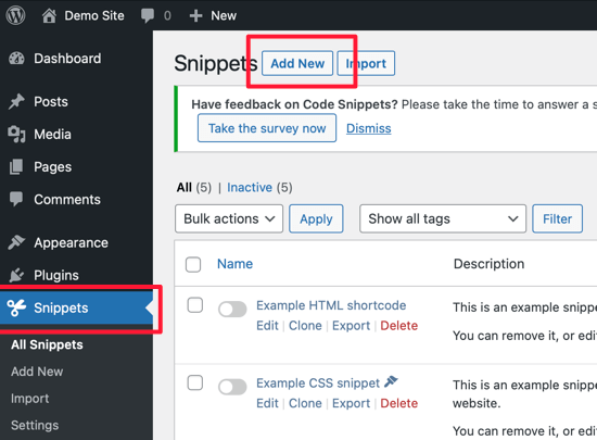 Click the Add New Button to Add Your First Custom Code Snippet in WordPress