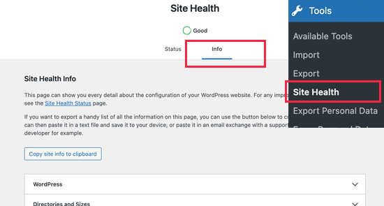 Info section under WordPress Site Health tool