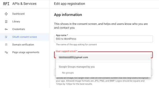 Enter app name select user support email