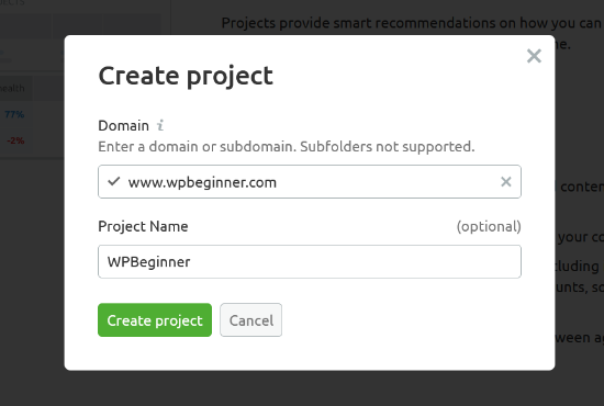 Enter your domain and add a project name