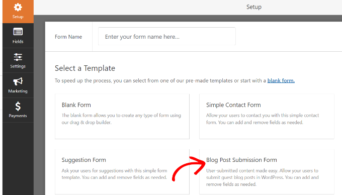 Choose blog post submission form template