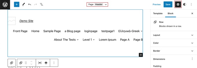 Change the Full Site Editor Template to 'Page Header'