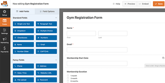 Gym registration form