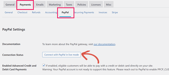 Connect with PayPal button
