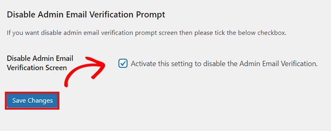 Check the disable admin email verification box
